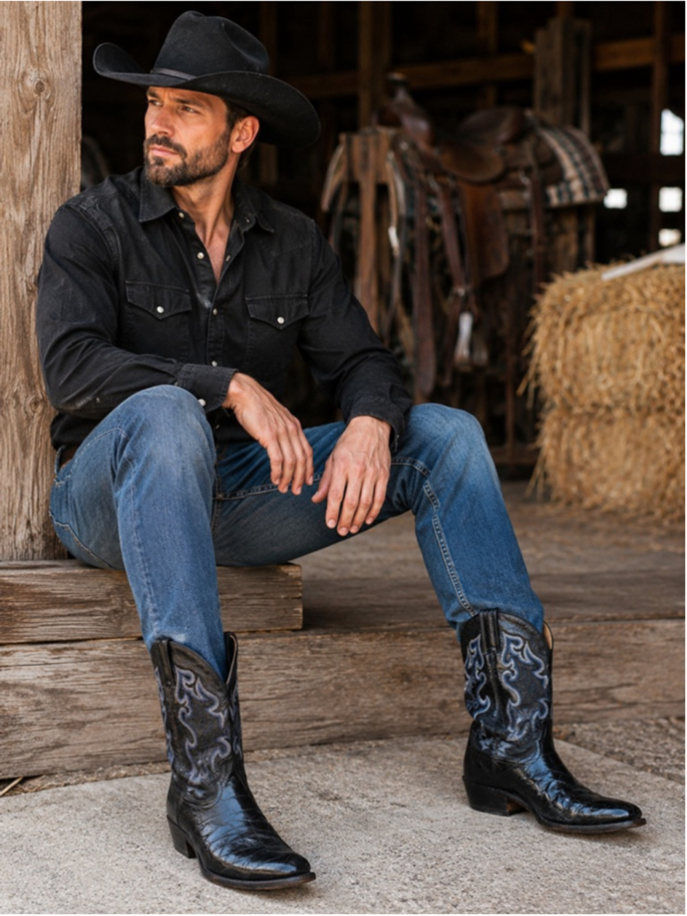Dan Post Cowboy Boot’s Men 8.5R Eel Skin Snip Toe Cowboy Core Americana Black